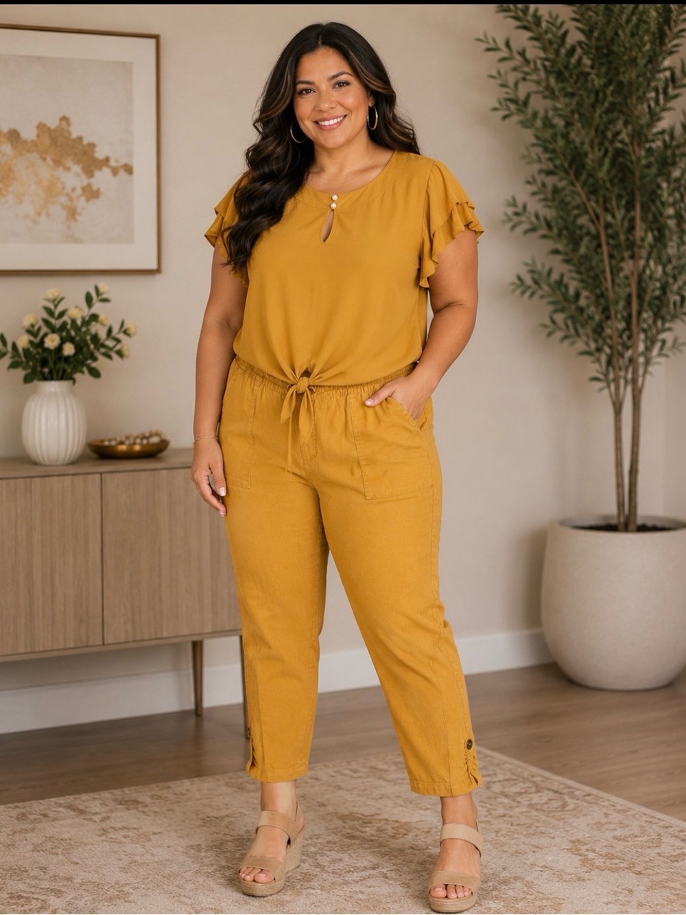 Jules & Leopold Mustard Tie-Waist Ankle Capris